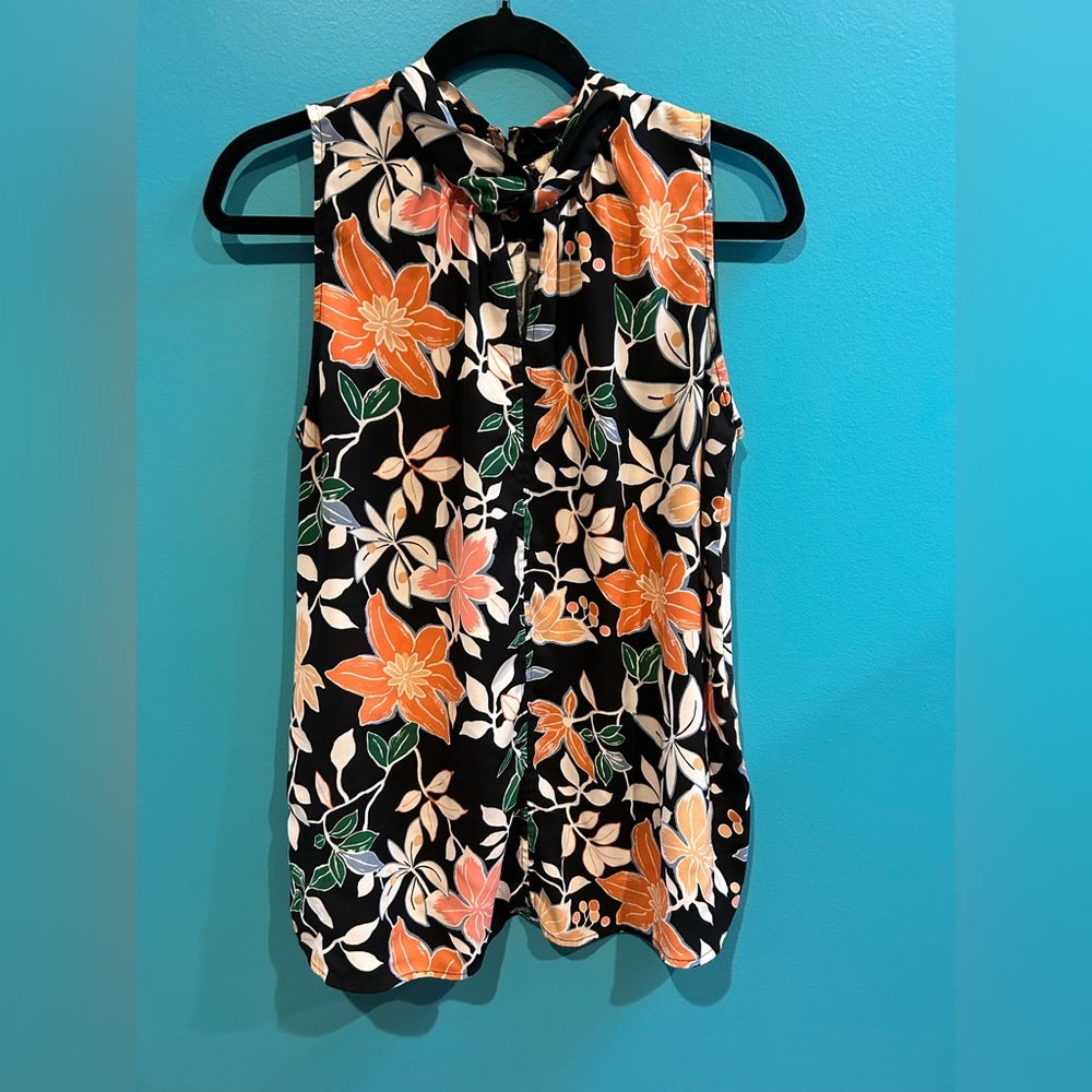 LOFT Flowy Black Floral Sleeveless Blouse Tropical